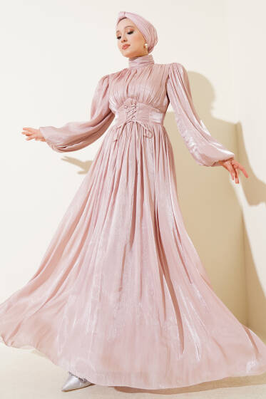 Şifon İp Bağlamalı Piliseli Abiye Elbise Pudra - Elbise