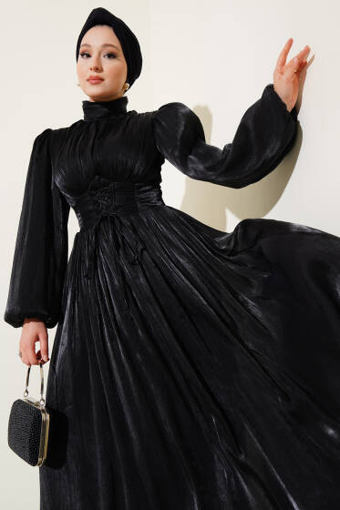 Şifon İp Bağlamalı Piliseli Abiye Elbise Siyah - Elbise