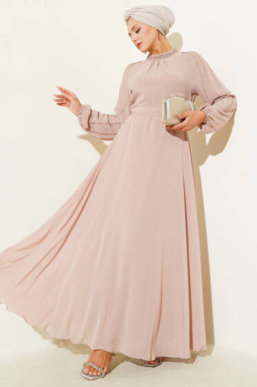 Şifon Kolları Taşlı Abiye Elbise Bej - Abiye Elbise