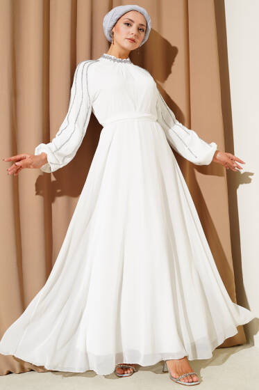 Şifon Kolları Taşlı Abiye Elbise Beyaz - Abiye Elbise