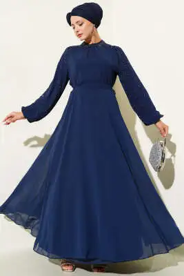 Şifon Kolları Taşlı Abiye Elbise Lacivert 