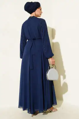 Şifon Kolları Taşlı Abiye Elbise Lacivert - Elbise