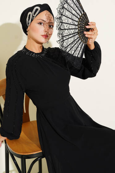 Şifon Kolları Taşlı Abiye Elbise Siyah - Abiye Elbise