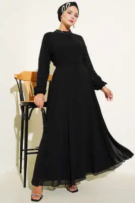 Şifon Kolları Taşlı Abiye Elbise Siyah - Abiye Elbise