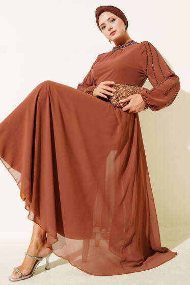 Şifon Kolları Taşlı Abiye Elbise Taba - Abiye Elbise