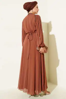 Şifon Kolları Taşlı Abiye Elbise Taba - Abiye Elbise