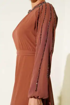 Şifon Kolları Taşlı Abiye Elbise Taba - Abiye Elbise