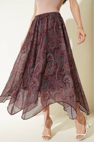 Şifon Paisley Desen Etek Bordo - Etek