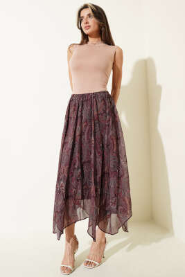 Şifon Paisley Desen Etek Bordo - Etek