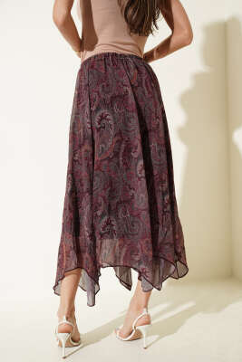 Şifon Paisley Desen Etek Bordo - Etek