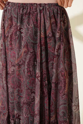 Şifon Paisley Desen Etek Bordo - Etek