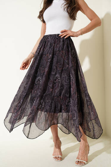 Şifon Paisley Desen Etek Siyah - Etek