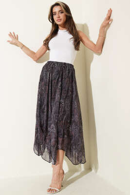 Şifon Paisley Desen Etek Siyah - Etek