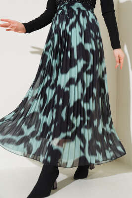 Şifon Pileli Desenli Etek Çağla Yeşili - 