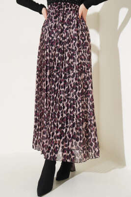 Şifon Pileli Leopar Desen Etek Latte - Uzun Etek