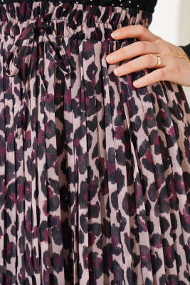 Şifon Pileli Leopar Desen Etek Latte - Uzun Etek