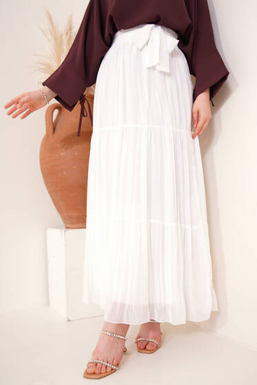 Şifon Piliseli Kuşaklı Etek Beyaz - Uzun Etek
