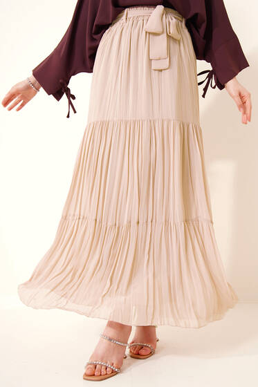 Şifon Piliseli Kuşaklı Etek Camel - Uzun Etek