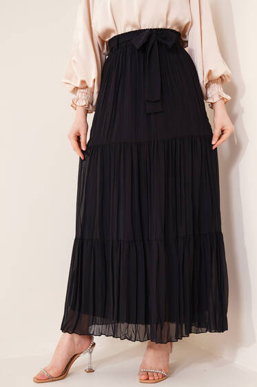 Şifon Piliseli Kuşaklı Etek Siyah - Uzun Etek