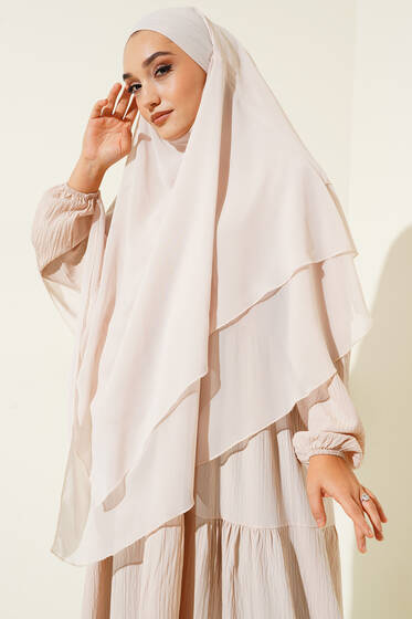 Şifon Sufle Hazır Şal Bej - Desenli Şal