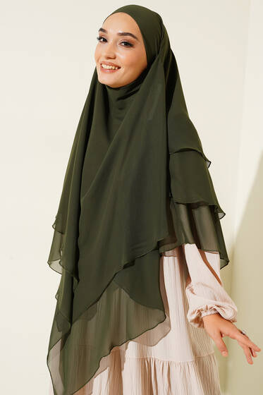 Şifon Sufle Hazır Şal Haki - Desenli Şal