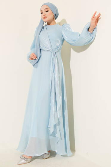 Şifon Yandan Bağlamalı Abiye Elbise Bebe Mavi - Elbise
