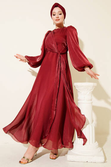 Şifon Yandan Bağlamalı Abiye Elbise Bordo - Elbise