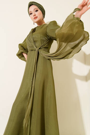 Şifon Yandan Bağlamalı Abiye Elbise Haki - Elbise