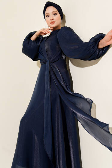 Şifon Yandan Bağlamalı Abiye Elbise Lacivert - Elbise