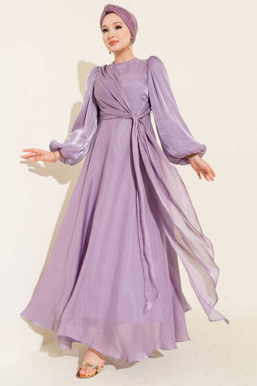 Şifon Yandan Bağlamalı Abiye Elbise Lila - Elbise