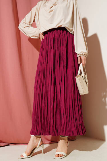 Sık Pileli Bel Lastikli Kırışık Etek Bordo - Etek