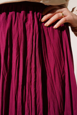 Sık Pileli Bel Lastikli Kırışık Etek Bordo - Uzun Etek