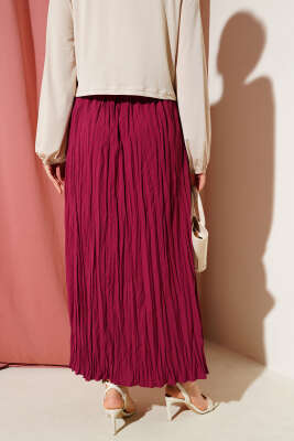 Sık Pileli Bel Lastikli Kırışık Etek Bordo - Uzun Etek