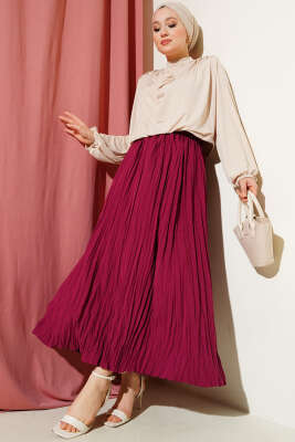 Sık Pileli Bel Lastikli Kırışık Etek Bordo - Uzun Etek