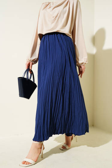 Sık Pileli Bel Lastikli Kırışık Etek Lacivert - Etek