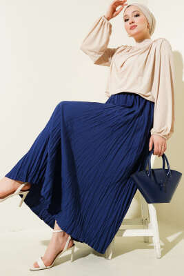 Sık Pileli Bel Lastikli Kırışık Etek Lacivert - Uzun Etek