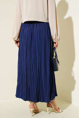 Sık Pileli Bel Lastikli Kırışık Etek Lacivert - Uzun Etek
