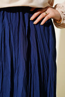 Sık Pileli Bel Lastikli Kırışık Etek Lacivert - Uzun Etek