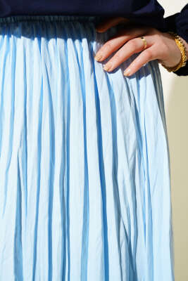 Sık Pileli Bel Lastikli Kırışık Etek Mavi - Uzun Etek