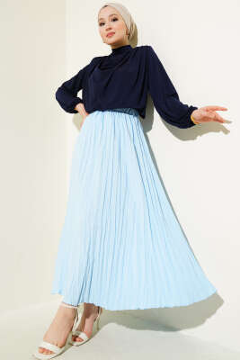 Sık Pileli Bel Lastikli Kırışık Etek Mavi - Uzun Etek