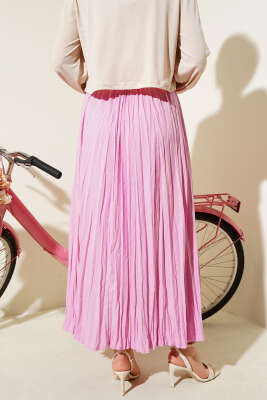 Sık Pileli Bel Lastikli Kırışık Etek Pembe - Uzun Etek