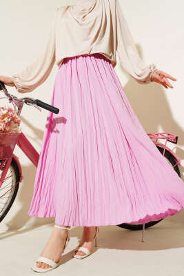 Sık Pileli Bel Lastikli Kırışık Etek Pembe - Uzun Etek