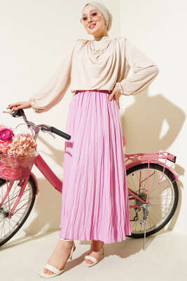 Sık Pileli Bel Lastikli Kırışık Etek Pembe - Uzun Etek