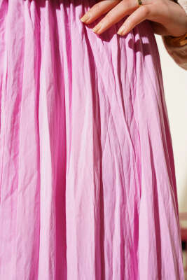 Sık Pileli Bel Lastikli Kırışık Etek Pembe - Uzun Etek