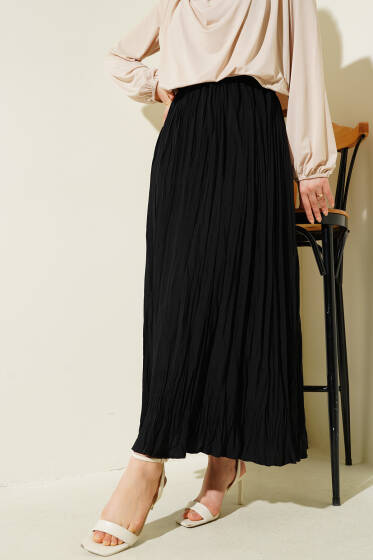 Sık Pileli Bel Lastikli Kırışık Etek Siyah - Etek