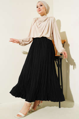 Sık Pileli Bel Lastikli Kırışık Etek Siyah - Uzun Etek