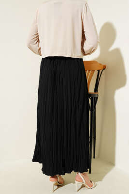 Sık Pileli Bel Lastikli Kırışık Etek Siyah - Uzun Etek