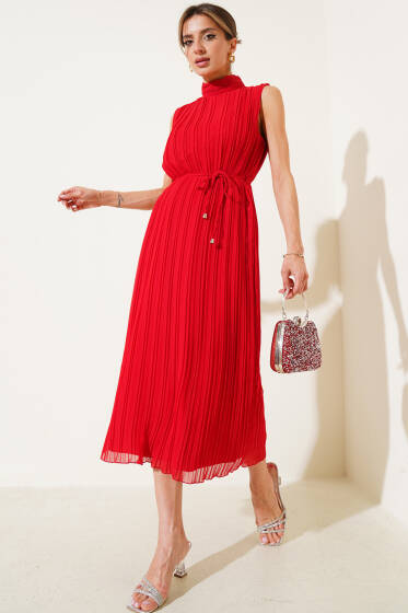 Sık Pileli Kolsuz Midi Elbise Kırmızı - Kadın Giyim Modelleri