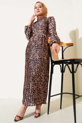 Sık Pileli Leopar Desen Saten Elbise Camel 