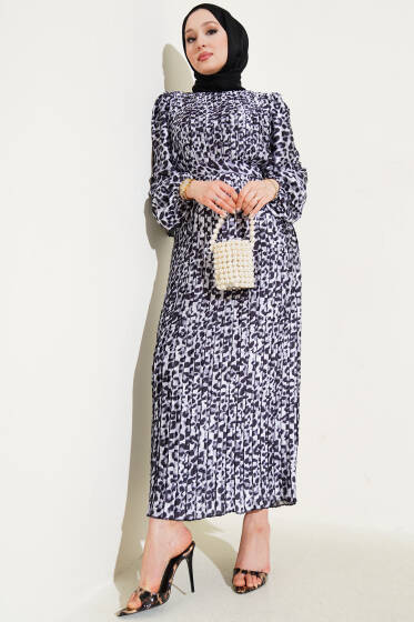Sık Pileli Leopar Desen Saten Elbise Gri - Elbise